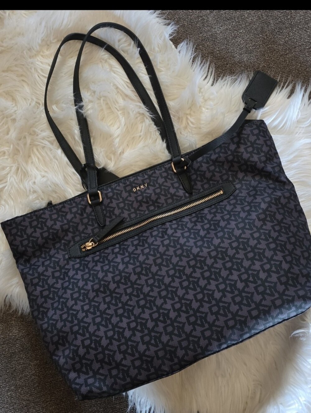 DKNY Black Patterned Tote with Gold Hardware Accents